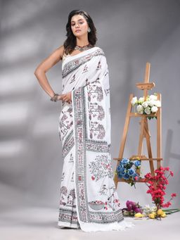 Angoshobha - White Cotton blend Printed Saree Without Blouse