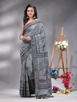 Angoshobha - Grey Cotton blend Printed Saree Without Blouse