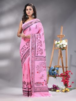Angoshobha - Pink Cotton blend Printed Saree Without Blouse