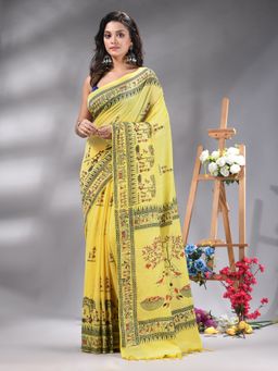 Angoshobha - Yellow Cotton blend Printed Saree Without Blouse