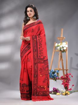 Angoshobha - Red Cotton blend Printed Saree Without Blouse
