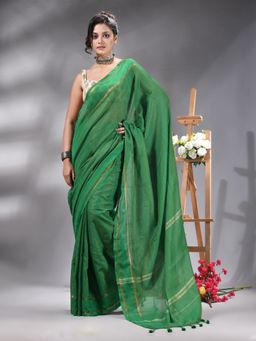 Angoshobha - Green Cotton Blend Handloom Saree Without Blouse