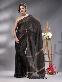 Angoshobha - Black Cotton Blend Black Border Handloom Saree Without Blouse