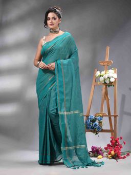Angoshobha - Firoza Cotton Blend Handloom Saree Without Blouse