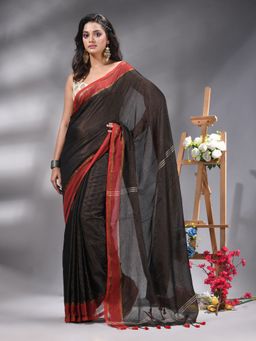 Angoshobha - Black Cotton Blend Red Border Handloom Saree Without Blouse