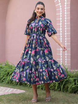 Jaipur Morni - Floral Printed Tiered Navy Blue Midi Dress With Belt