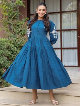 Jaipur Morni - Solid Embroidered Tiered Navy Blue Midi Dress