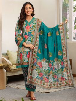 Jaipur Morni - Green Printed Pakistani-Style Suit Kurta With Pant And Dupatta