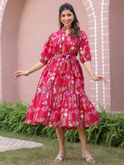 Jaipur Morni - Floral Printed Tiered Red Midi Dress With Belt