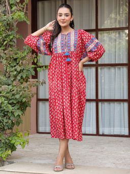 Jaipur Morni - Handblock Boho Puff-Sleeve Red Midi Dress