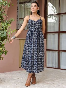 Jaipur Morni - Booti Handblock Printed Sleeveless Blue Midi Dress