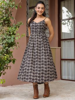 Jaipur Morni - Booti Handblock Printed Sleeveless Black Midi Dress