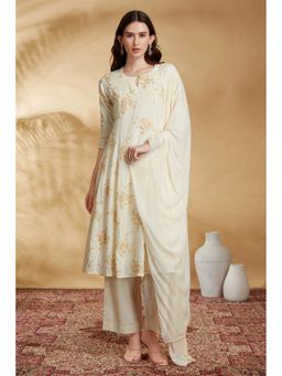 Cotton Culture - Cream Cotton Embroidered A Line Kurta With Pant And Dupatta