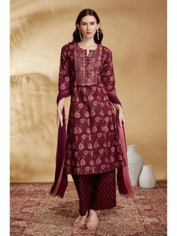 Cotton Culture - Wine Cotton Embroidered A Line Kurta With Pant And Dupatta
