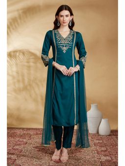 Cotton Culture - Teal Embroidered Straight Ethnic Kurta With Pant And Dupatta