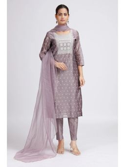 Cotton Culture - Lavender Chanderi Embroidered Straight Kurta With Pant And Dupatta