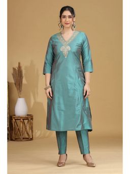Cotton Culture - Turquoise Motif Embroidered Straight Kurta With Pant