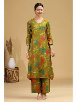 Cotton Culture - Olive Floral Printed A-Line Kurta With Pant