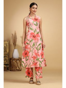 Cotton Culture - Light Peach Botanical Printed Cotton A-Line Kurta With Pant