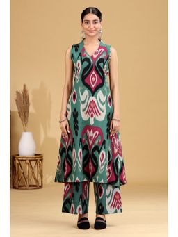 Cotton Culture - Teal Ikat Design A-Line Kurta With Pant