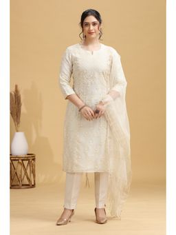 Cotton Culture - Cream Embroidered Straight Ethnic Kurta With Pant And Dupatta