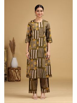 Cotton Culture - Olive Abstract Printed Straight Kurta With Pant