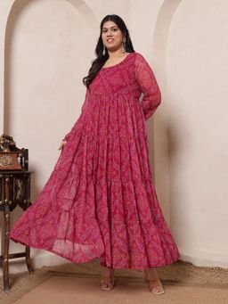 Deebaco - Women Bandhani Print Chiffon Ethnic Magenta Maxi Dress
