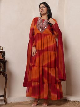 Deebaco - Women Ombre Tie-Dye Georgette Ethnic Maroon Maxi Dress With Dupatta