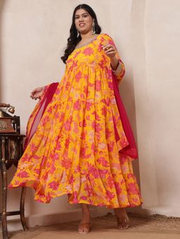 Deebaco - Women Yellow Floral Georgette Floor Length Tiered Ethnic Maxi Dress With Dupatta