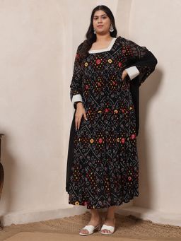 Deebaco - Women Bandhani Print Chiffon Ethnic Black Maxi Dress With Dupatta
