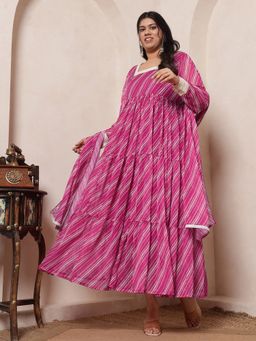 Deebaco - Women Lehariya Chiffon Ethnic Magenta Maxi Dress With Dupatta