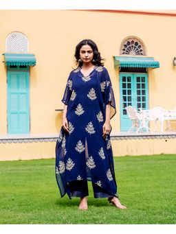 Missprint - Saira Navy Blue Georgette Kaftan Kurta With Pant