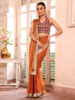 Kalista Fashion - Mustard Embroidered Embellished Solid Chiffon Saree With Unstitched Blouse