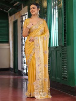 Kalista Fashion - Yellow Floral Embroidered Embellished Tissue Saree With Unstitched Blouse