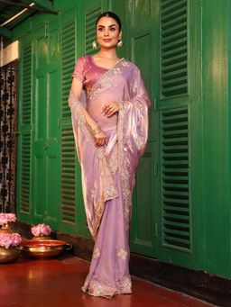 Kalista Fashion - Lavender Floral Embroidered Embellished Tissue Saree With Unstitched Blouse