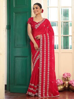 Kalista Fashion - Red Floral Embroidered Embellished Chiffon Saree With Unstitched Blouse