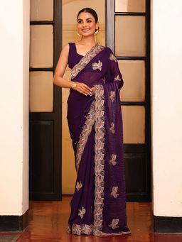 Kalista Fashion - Purple Floral Embroidered Embellished Tissue Saree With Unstitched Blouse