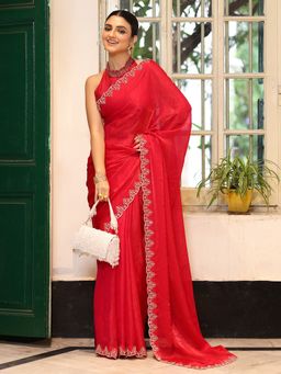 Kalista Fashion - Red Embellished Beads And Stones Tissue Saree With Unstitched Blouse