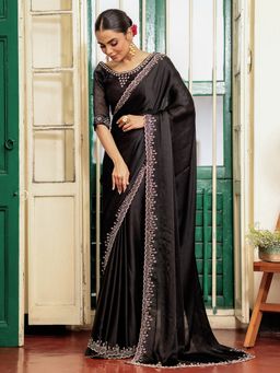 Kalista Fashion - Black Embellished Beads And Stones Tissue Saree With Unstitched Blouse