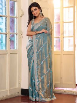 Kalista Fashion - Blue Floral Embroidered Embellished Tissue Saree With Unstitched Blouse