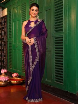 Kalista Fashion - Purple Embellished Beads And Stones Tissue Saree With Unstitched Blouse