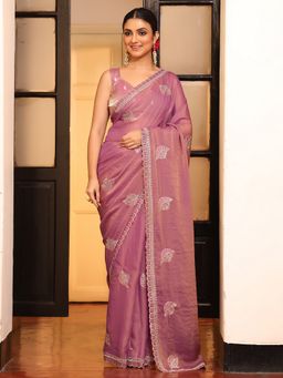 Kalista Fashion - Purple Floral Embroidered Embellished Chiffon Saree With Unstitched Blouse