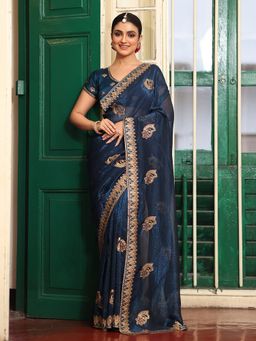 Kalista Fashion - Teal Floral Embroidered Embellished Chiffon Saree With Unstitched Blouse
