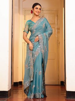 Kalista Fashion - Turquoise Floral Embroidered Embellished Chiffon Saree With Unstitched Blouse
