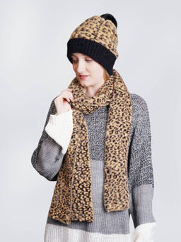 Bharatasya - Leopard Print Faux Fur Pom Knitted Beanie Cap & Muffler (Set of 2)