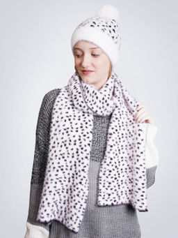 Bharatasya - Dalmatian Pattern Fur Pom Knitted Beanie Cap & Muffler (Set of 2)