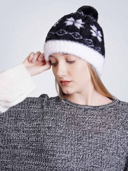 Bharatasya - Faux Fur Pom Knitted Fluffy Elegant Beanie Cap