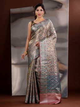 CHARUKRITI - Beige Silk Blend Floral Handwoven Saree with Unstitched Blouse