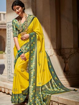 Odette - Yellow Silk Blend Saree with Unstitched Blouse
