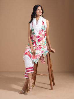 Gahan - Cotton Floral Printed Lace Work Red Kurta Pant with Tasselled Scarf (Set of 3)